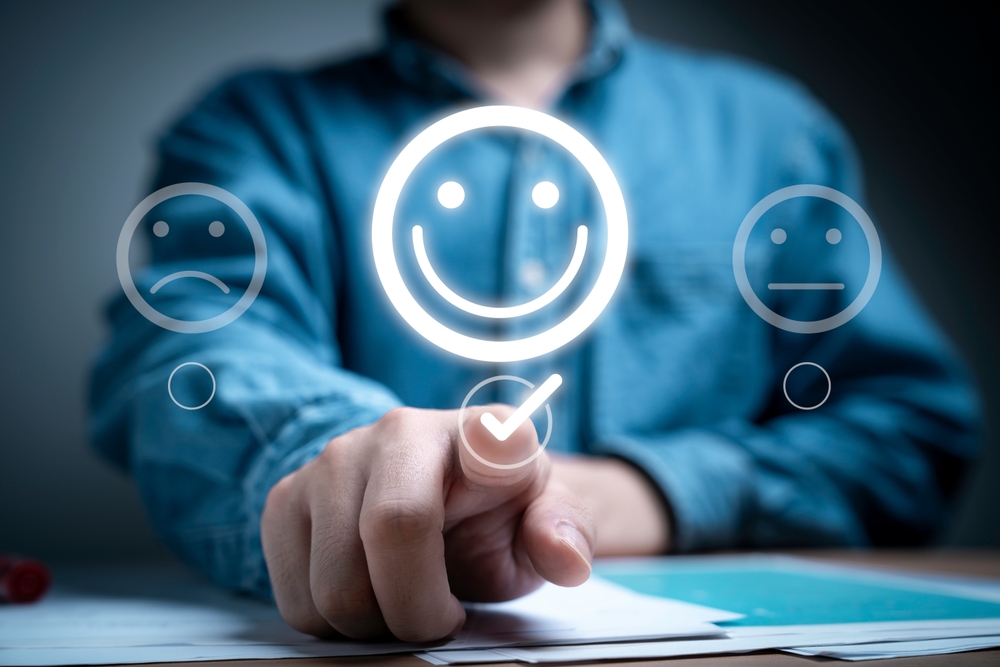 businessman,hand,touching,to,tick,approve,and,select,smile,face